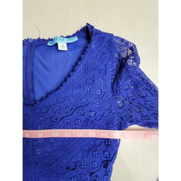 DINA BE LACE DRESS LONG BELL SLEEVE V-NECK BLUE ZIP BACK LINED SMALL Women's - Picture 8 of 10